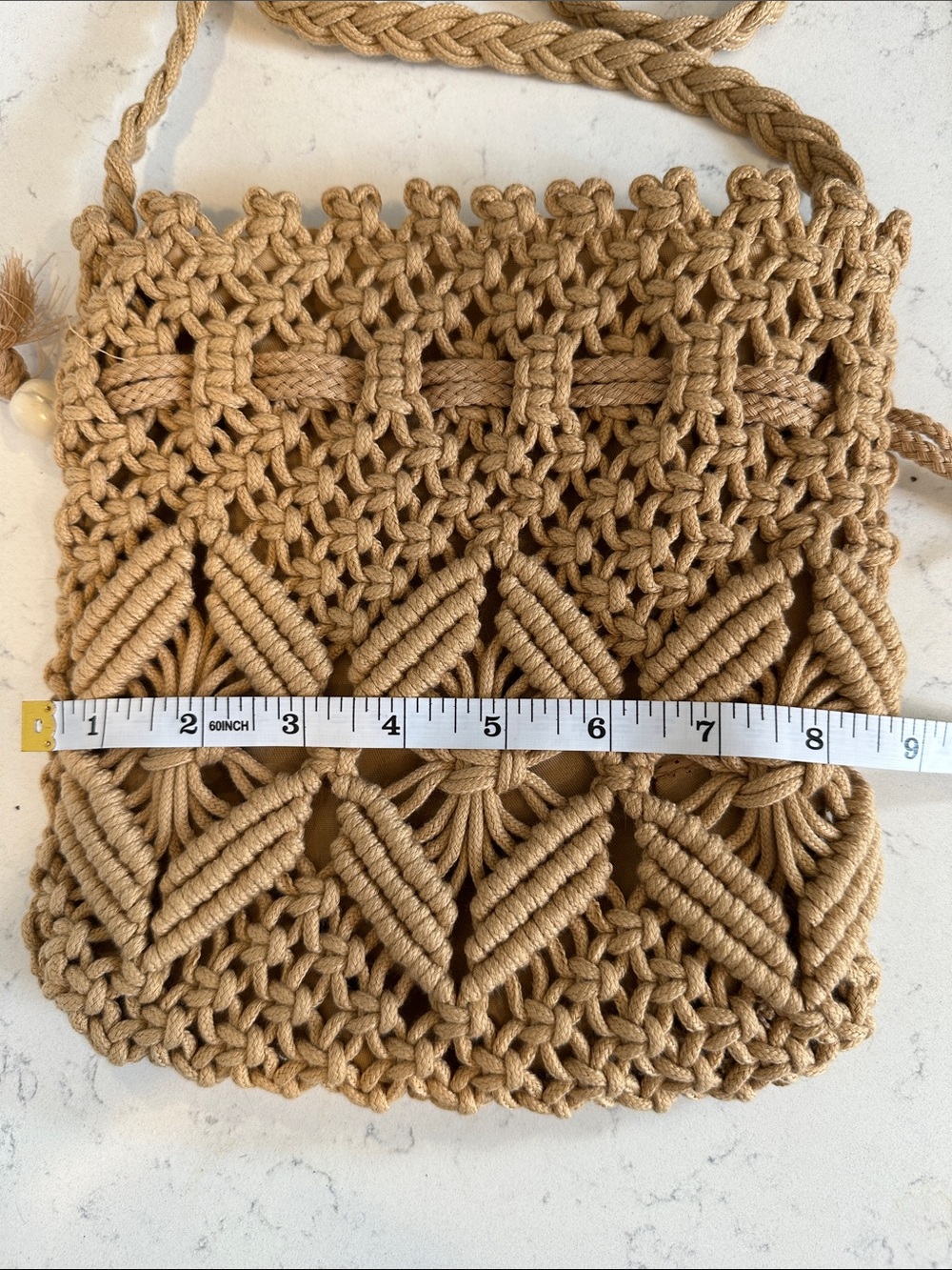 Handwoven Tan Macramé Crossbody Bag - Picture 6 of 8